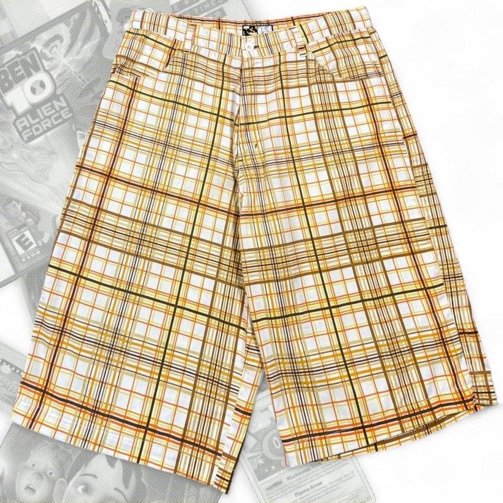 Raw Blue Vintage Y2K Skater Grunge Super Baggy Wide Leg Plaid Shorts Orange 38
